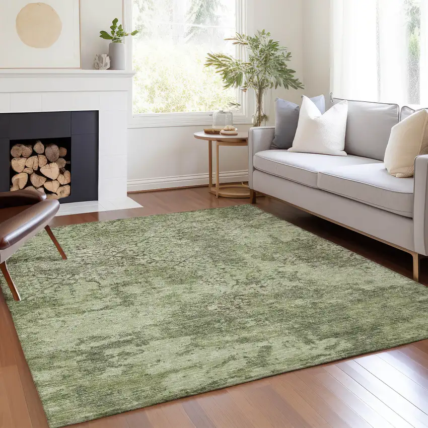 Artichoke Green And Fern Green Floral Washable Indoor Outdoor Area Rug Photo 7