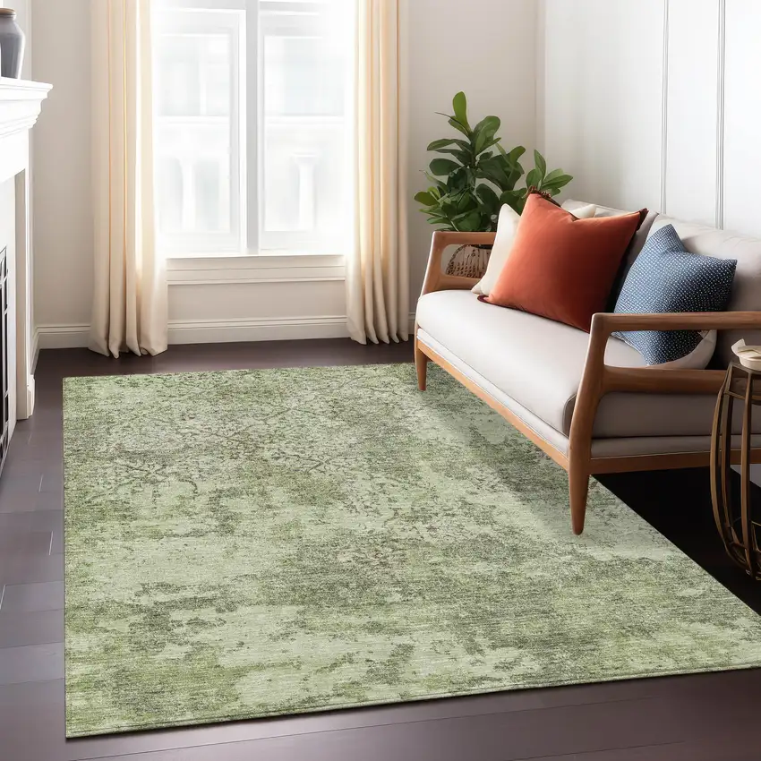 Artichoke Green And Fern Green Floral Washable Indoor Outdoor Area Rug Photo 8