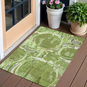 Photo of Artichoke Green And Fern Green Geometric Washable Indoor Outdoor Area Rug