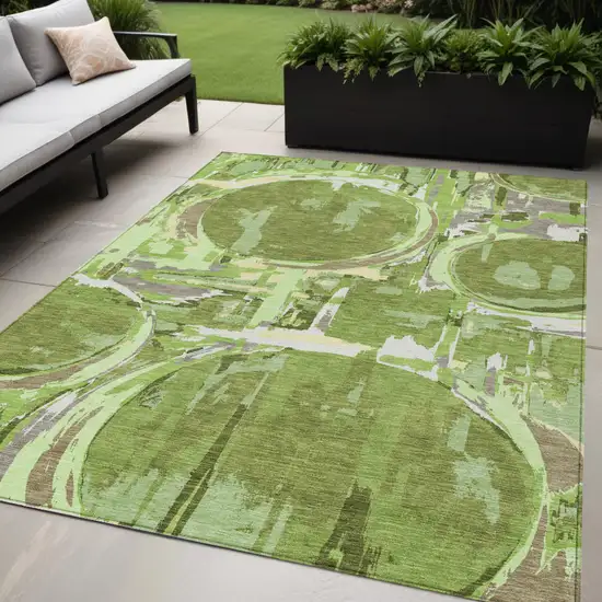Artichoke Green And Fern Green Geometric Washable Indoor Outdoor Area Rug Photo 1