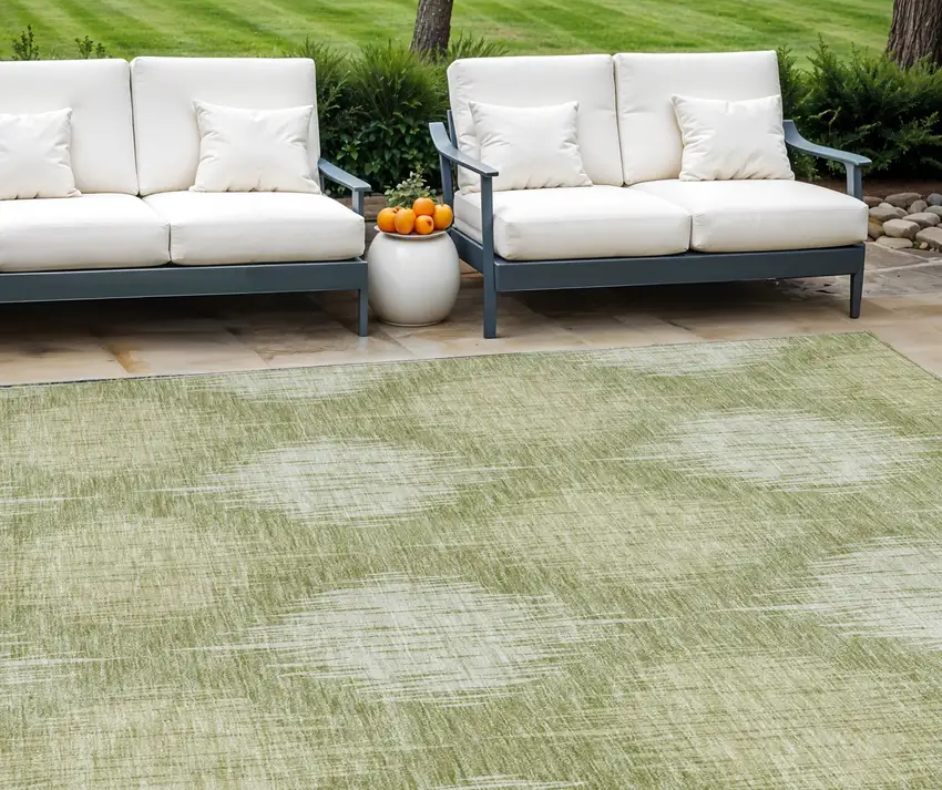 Artichoke Green And Fern Green Ikat Washable Indoor Outdoor Area Rug Photo 1