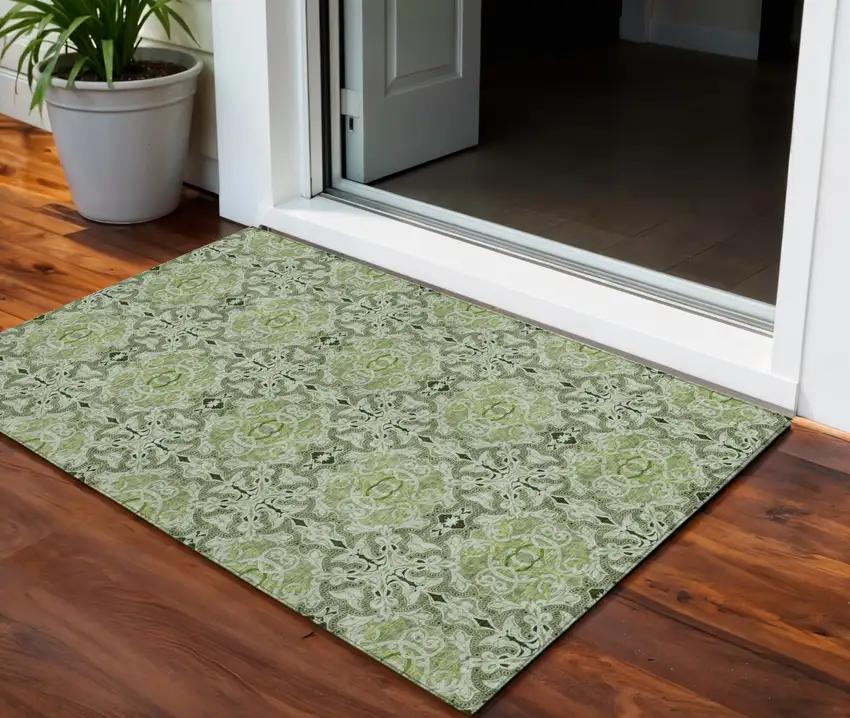 Artichoke Green And Fern Green Medallion Washable Indoor Outdoor Area Rug Photo 1