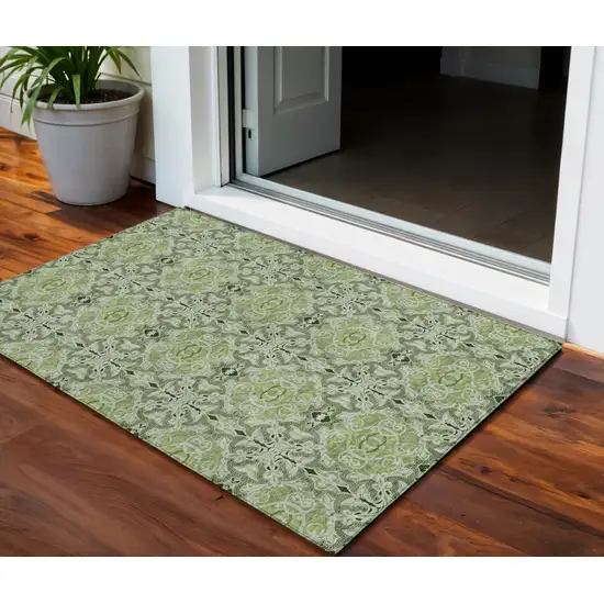Artichoke Green And Fern Green Medallion Washable Indoor Outdoor Area Rug Photo 1