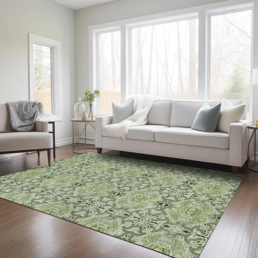 Artichoke Green And Fern Green Medallion Washable Indoor Outdoor Area Rug Photo 9