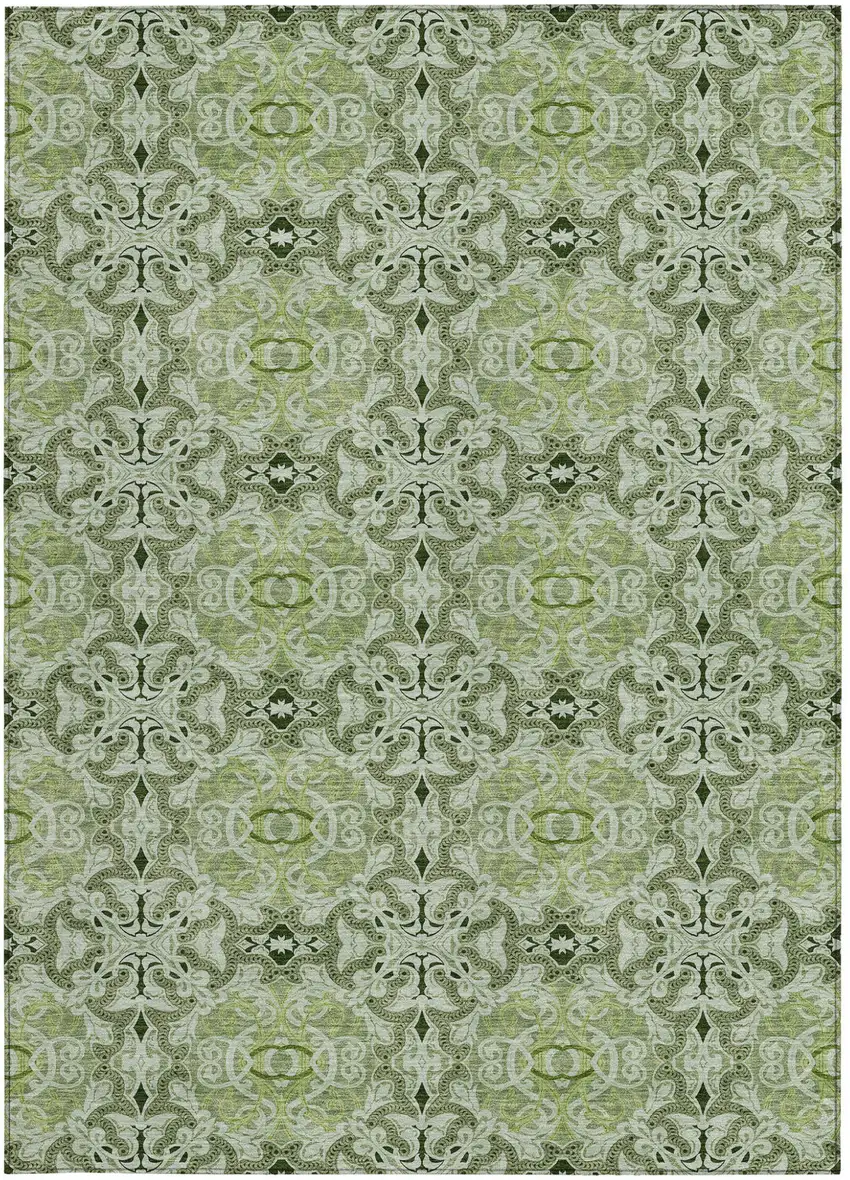Artichoke Green And Fern Green Medallion Washable Indoor Outdoor Area Rug Photo 6