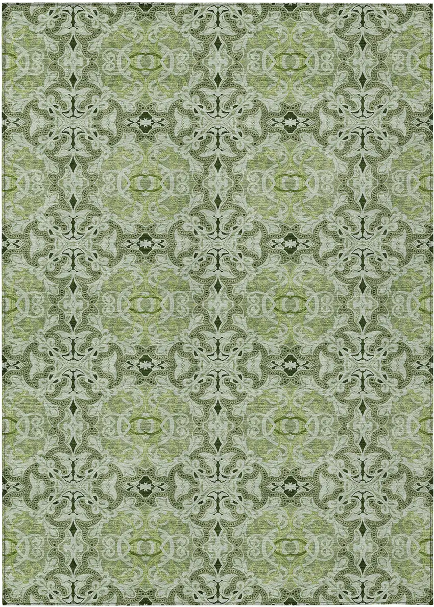 Artichoke Green And Fern Green Medallion Washable Indoor Outdoor Area Rug Photo 2