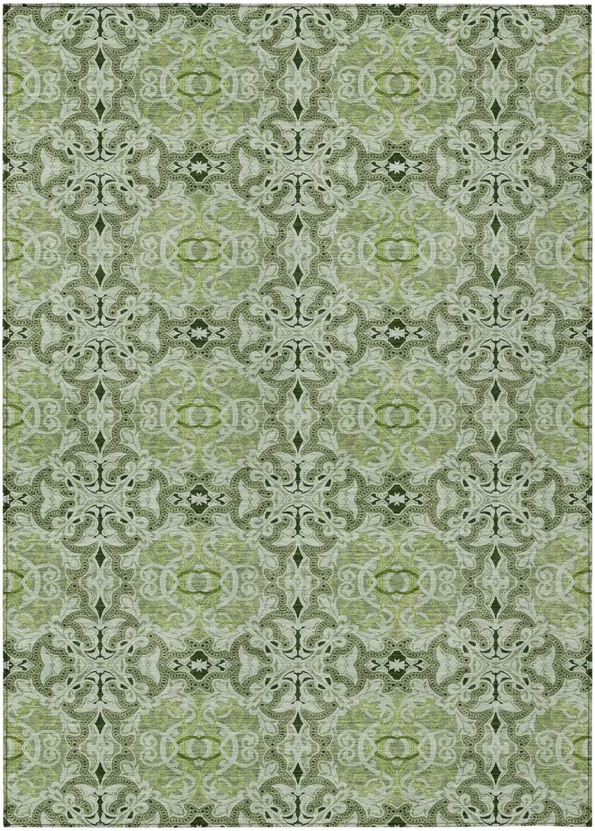 Artichoke Green And Fern Green Medallion Washable Indoor Outdoor Area Rug Photo 2