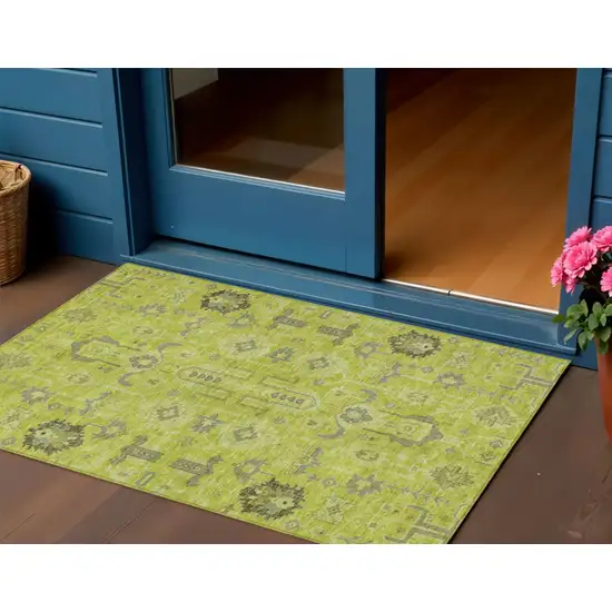 Artichoke Green And Fern Green Oriental Washable Indoor Outdoor Area Rug Photo 1