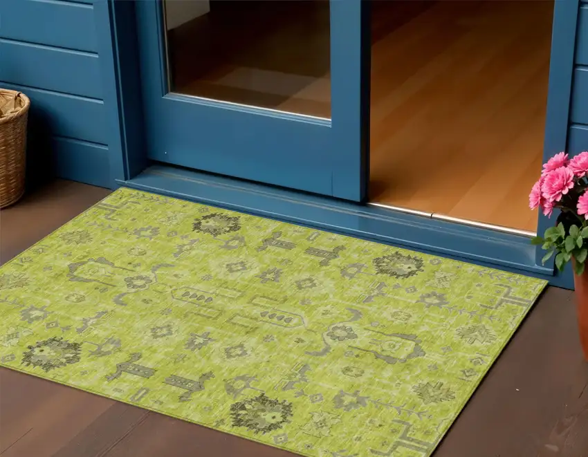 Artichoke Green And Fern Green Oriental Washable Indoor Outdoor Area Rug Photo 1