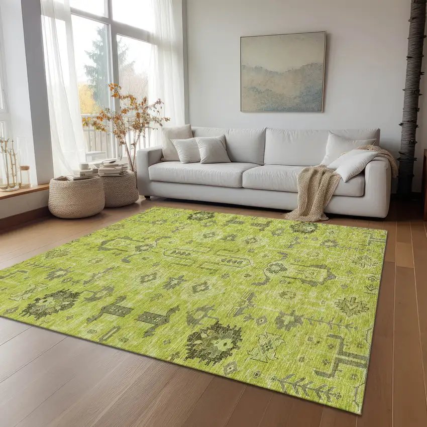 Artichoke Green And Fern Green Oriental Washable Indoor Outdoor Area Rug Photo 7