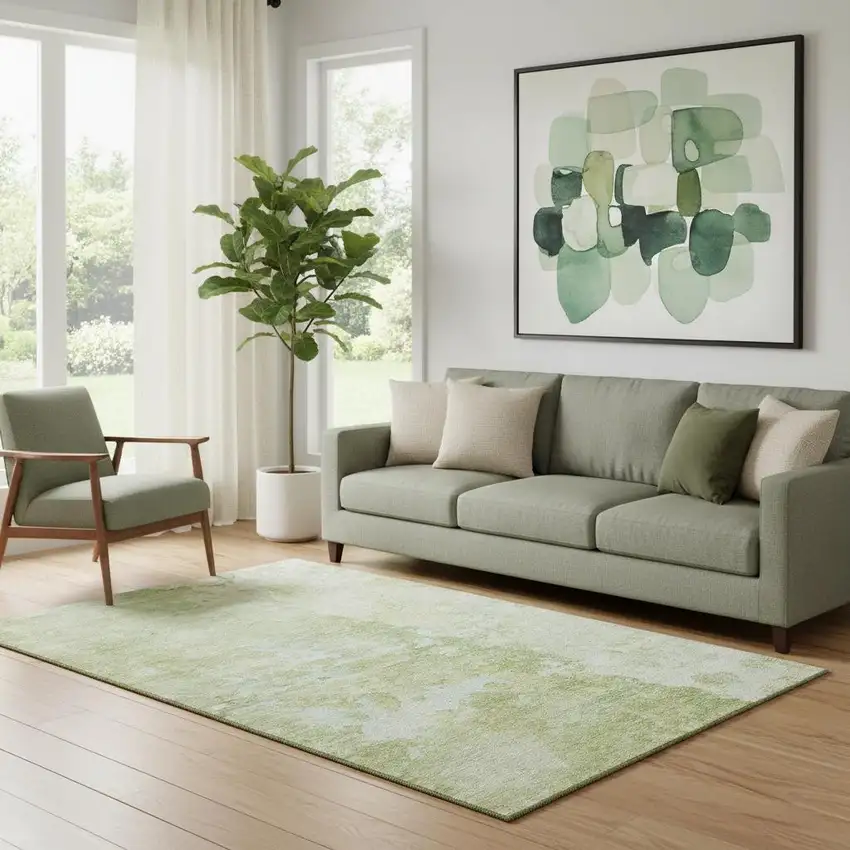 Artichoke Green And Gold Abstract Washable Area Rug With UV Protection Photo 2