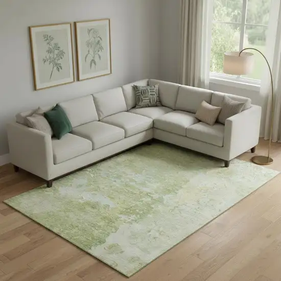 Artichoke Green And Gold Abstract Washable Area Rug With UV Protection Photo 2