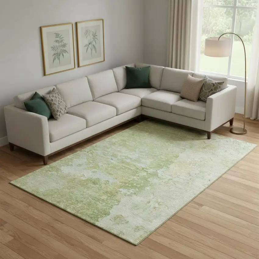 Artichoke Green And Gold Abstract Washable Area Rug With UV Protection Photo 2