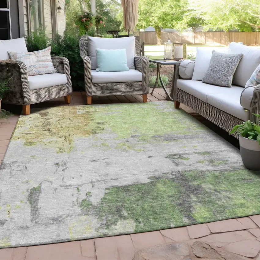 Artichoke Green And Gold Abstract Washable Indoor Outdoor Area Rug Photo 5