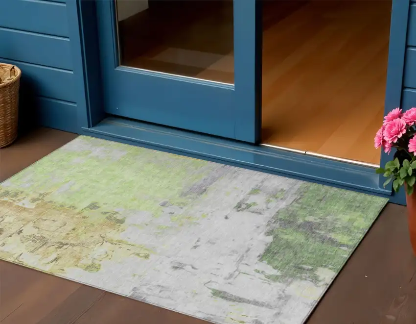 Artichoke Green And Gold Abstract Washable Indoor Outdoor Area Rug Photo 2