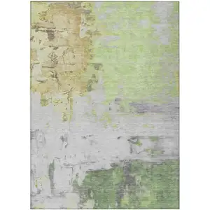 Photo of Artichoke Green And Gold Abstract Washable Indoor Outdoor Area Rug