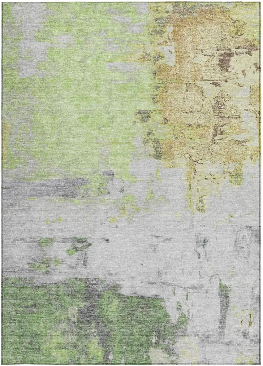 Artichoke Green And Gold Abstract Washable Indoor Outdoor Area Rug Photo 1