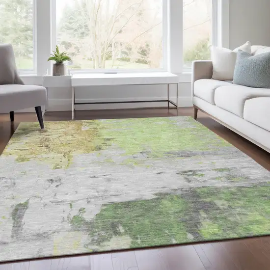 Artichoke Green And Gold Abstract Washable Indoor Outdoor Area Rug Photo 6