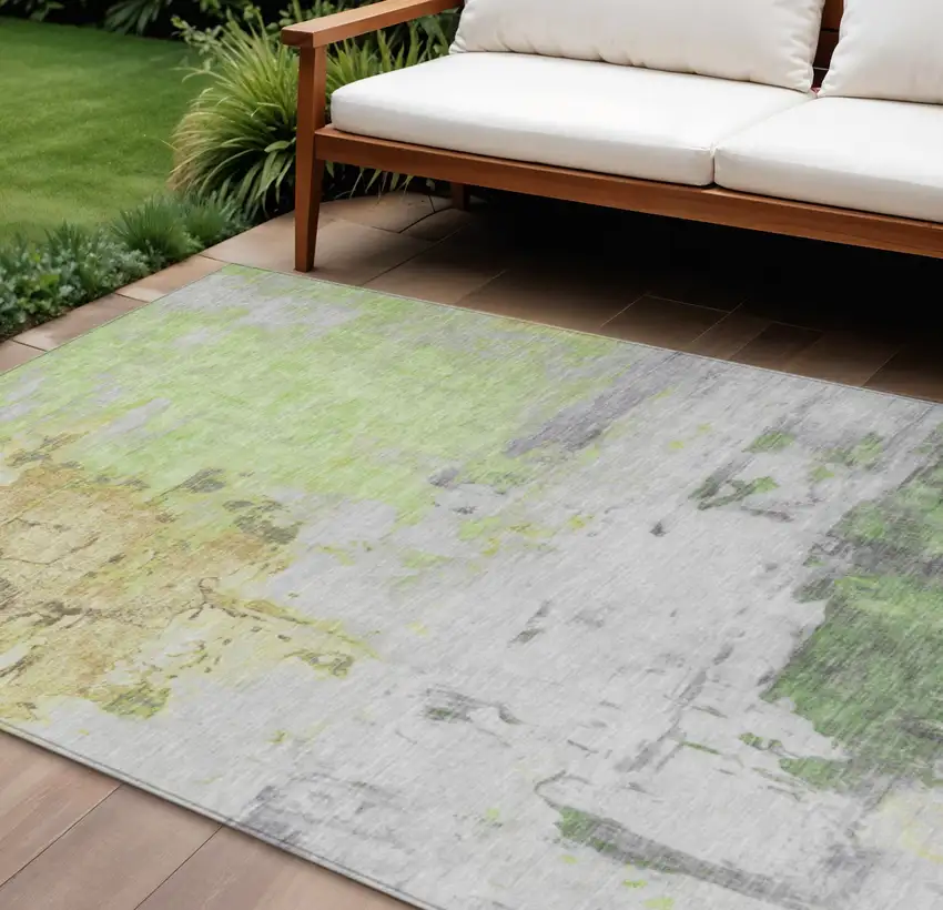Artichoke Green And Gold Abstract Washable Indoor Outdoor Area Rug Photo 2