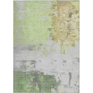 Photo of Artichoke Green And Gold Abstract Washable Indoor Outdoor Area Rug
