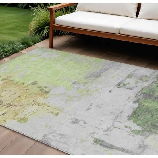 Artichoke Green And Gold Abstract Washable Indoor Outdoor Area Rug Photo 2