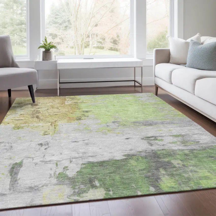 Artichoke Green And Gold Abstract Washable Indoor Outdoor Area Rug Photo 6