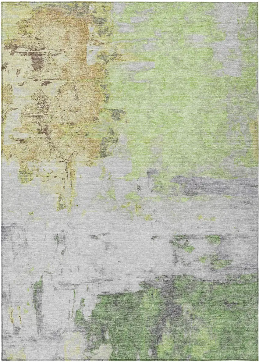 Artichoke Green And Gold Abstract Washable Indoor Outdoor Area Rug Photo 1