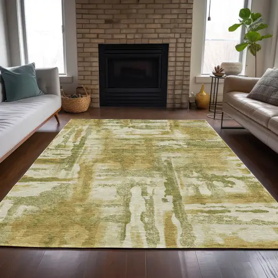 Artichoke Green And Gold Abstract Washable Indoor Outdoor Area Rug Photo 5