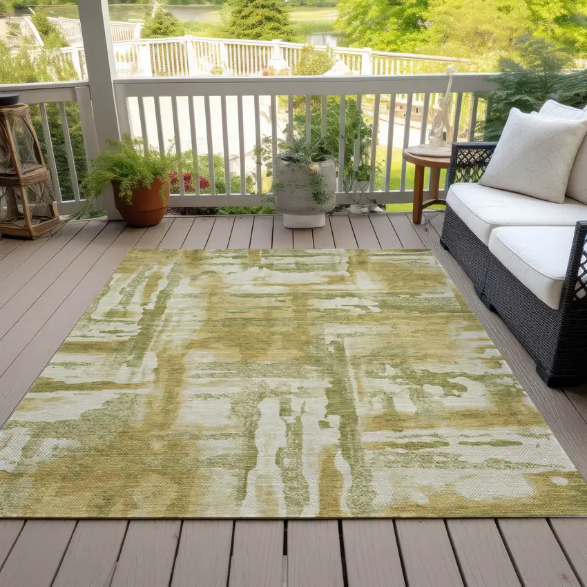 Artichoke Green And Gold Abstract Washable Indoor Outdoor Area Rug Photo 6