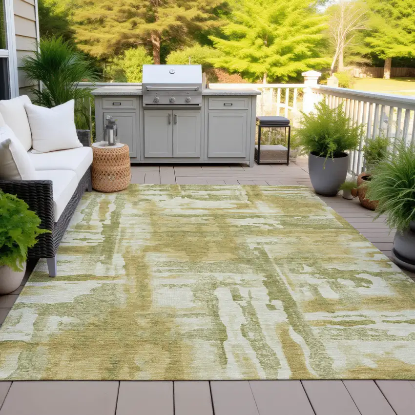 Artichoke Green And Gold Abstract Washable Indoor Outdoor Area Rug Photo 7