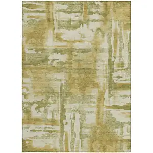 Photo of Artichoke Green And Gold Abstract Washable Indoor Outdoor Area Rug