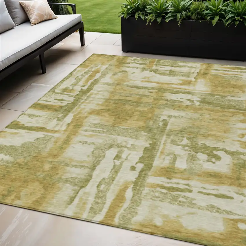 Artichoke Green And Gold Abstract Washable Indoor Outdoor Area Rug Photo 2