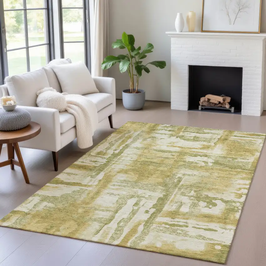 Artichoke Green And Gold Abstract Washable Indoor Outdoor Area Rug Photo 4
