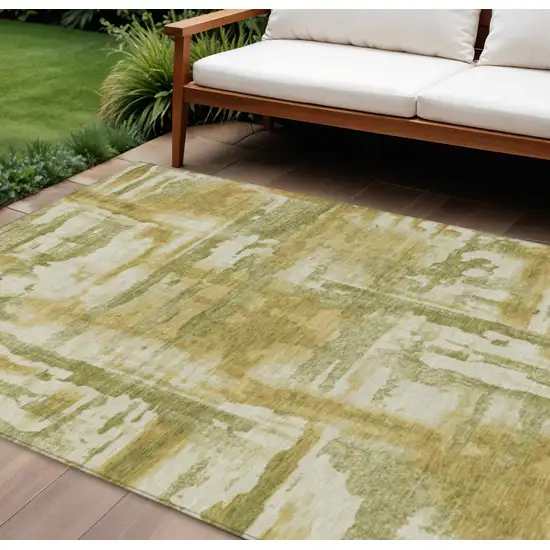 Artichoke Green And Gold Abstract Washable Indoor Outdoor Area Rug Photo 2