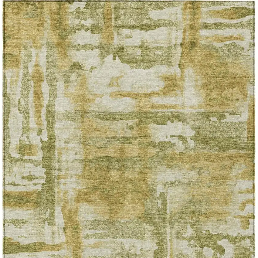 Artichoke Green And Gold Abstract Washable Indoor Outdoor Area Rug Photo 9