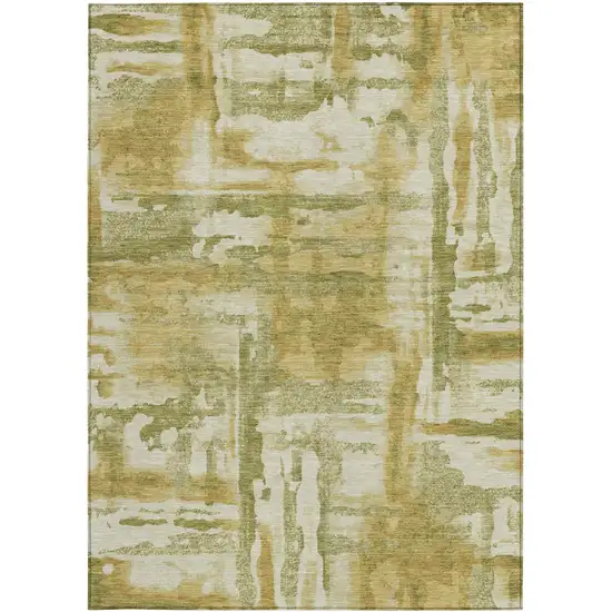 Artichoke Green And Gold Abstract Washable Indoor Outdoor Area Rug Photo 1