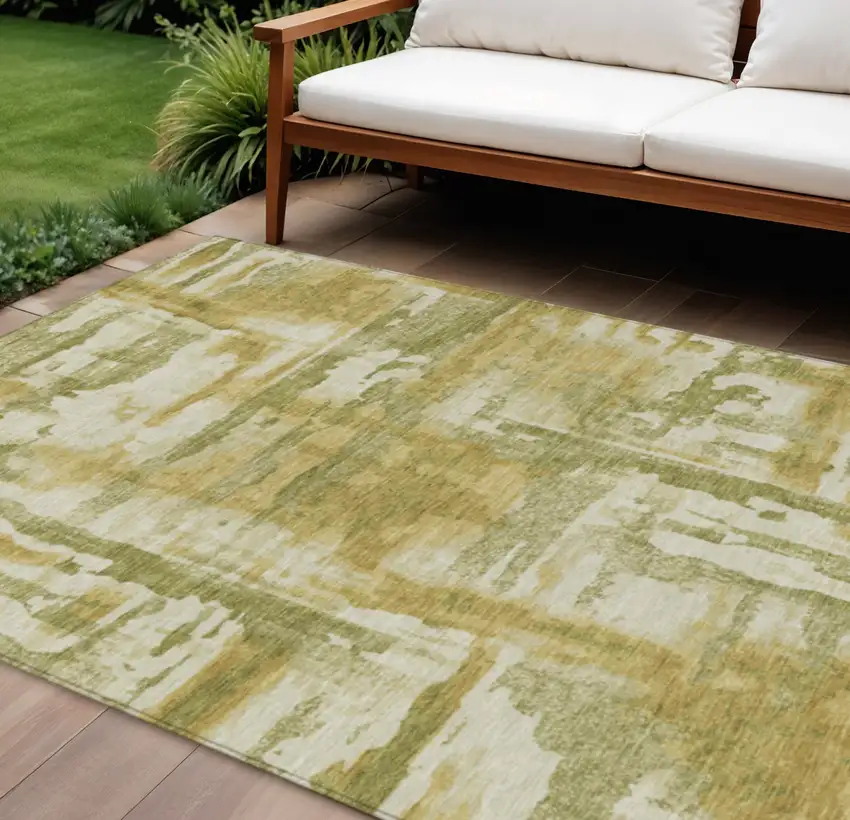Artichoke Green And Gold Abstract Washable Indoor Outdoor Area Rug Photo 2