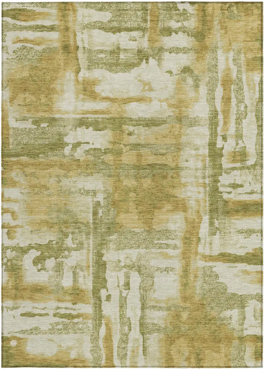 Artichoke Green And Gold Abstract Washable Indoor Outdoor Area Rug Photo 1