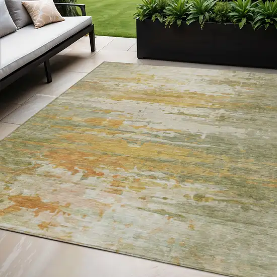 Artichoke Green And Gold Abstract Washable Indoor Outdoor Area Rug Photo 2