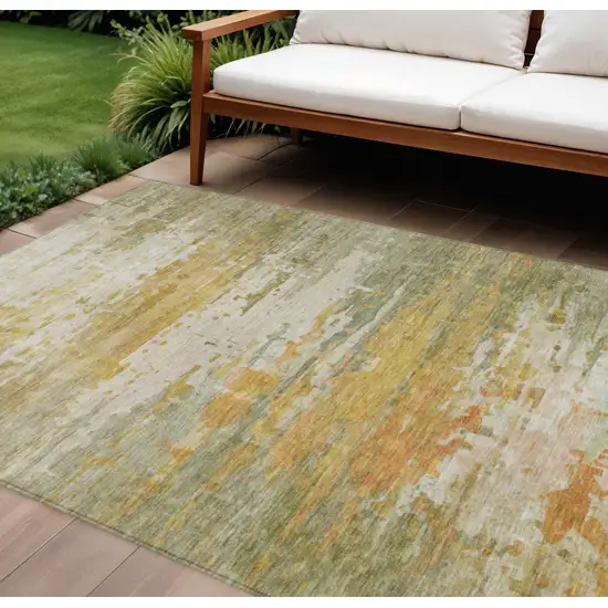 Artichoke Green And Gold Abstract Washable Indoor Outdoor Area Rug Photo 2