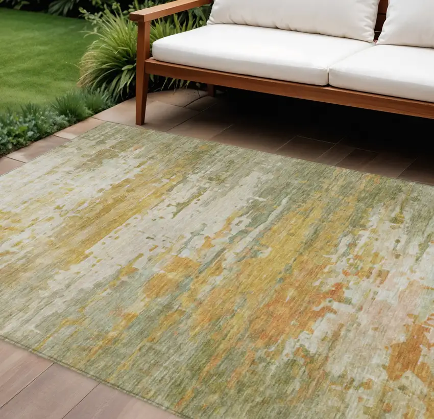 Artichoke Green And Gold Abstract Washable Indoor Outdoor Area Rug Photo 2