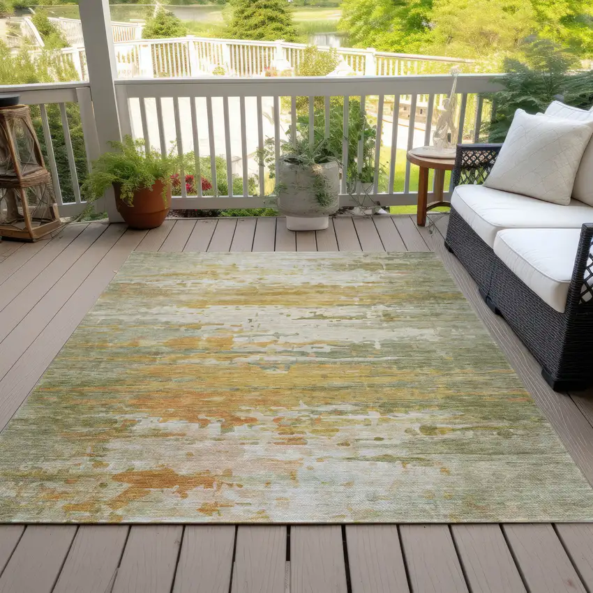 Artichoke Green And Gold Abstract Washable Indoor Outdoor Area Rug Photo 8