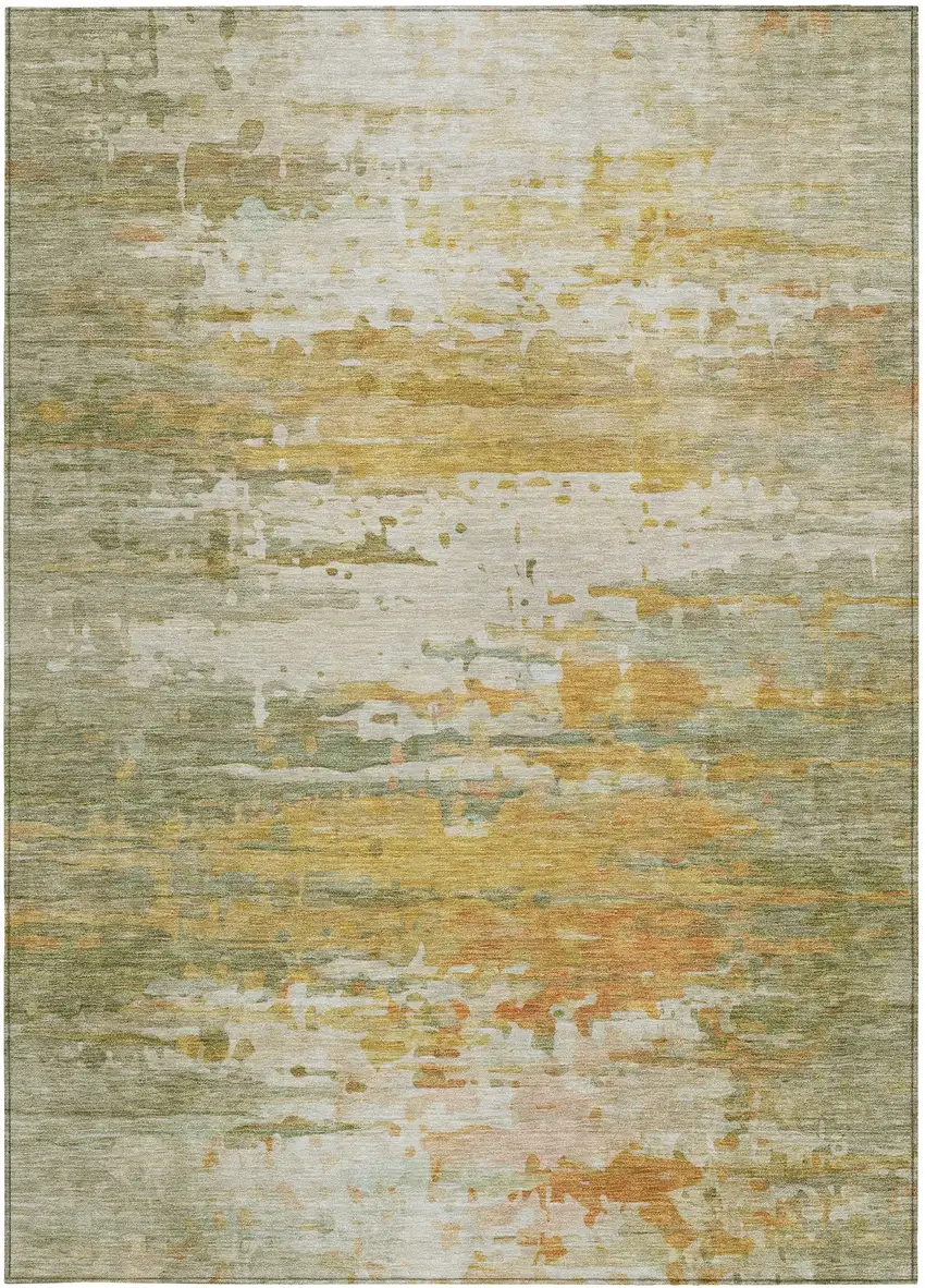 Artichoke Green And Gold Abstract Washable Indoor Outdoor Area Rug Photo 1