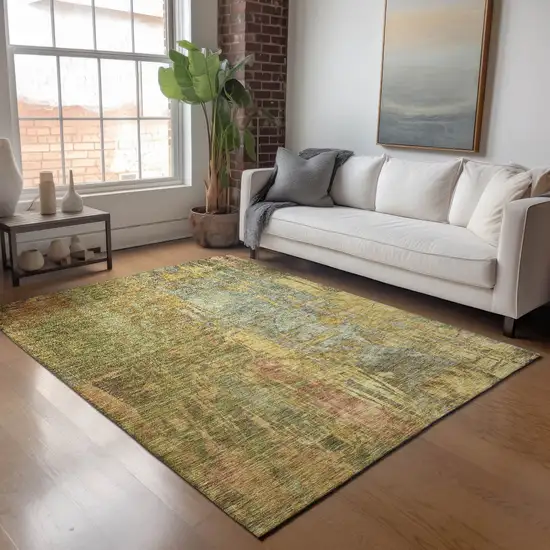 Artichoke Green And Gold Abstract Washable Indoor Outdoor Area Rug Photo 9
