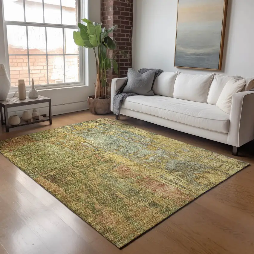 Artichoke Green And Gold Abstract Washable Indoor Outdoor Area Rug Photo 9
