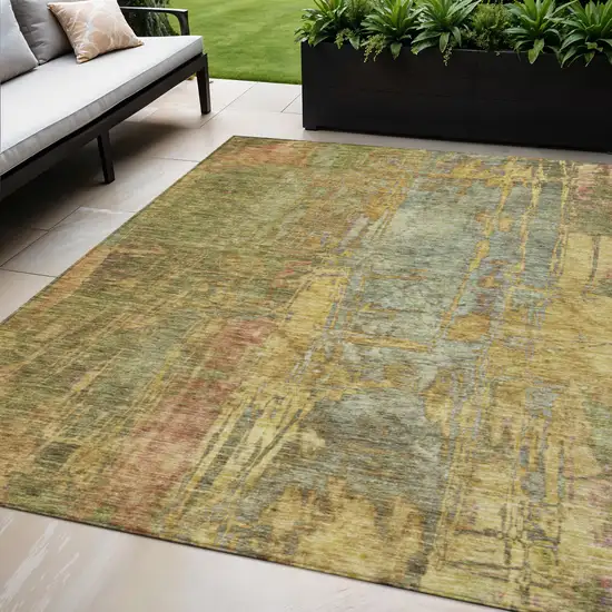Artichoke Green And Gold Abstract Washable Indoor Outdoor Area Rug Photo 1