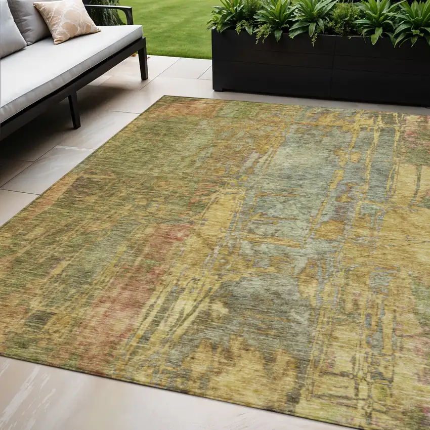 Artichoke Green And Gold Abstract Washable Indoor Outdoor Area Rug Photo 1