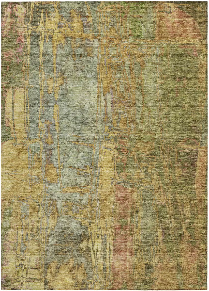 Artichoke Green And Gold Abstract Washable Indoor Outdoor Area Rug Photo 2