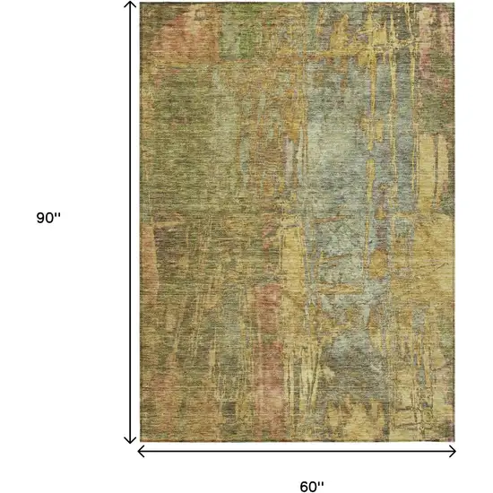 Artichoke Green And Gold Abstract Washable Indoor Outdoor Area Rug Photo 3