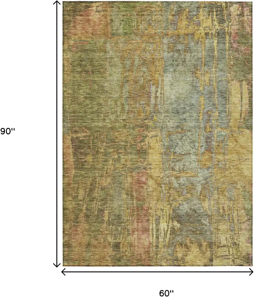 Artichoke Green And Gold Abstract Washable Indoor Outdoor Area Rug Photo 3